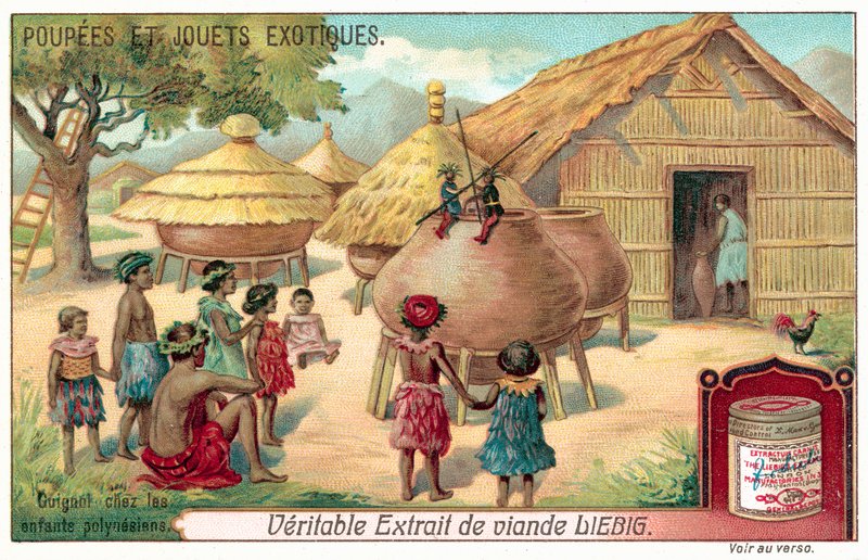 Polinezyjskie dzieci oglądające przedstawienie kukiełkowe (chromolitho) autorstwa European School