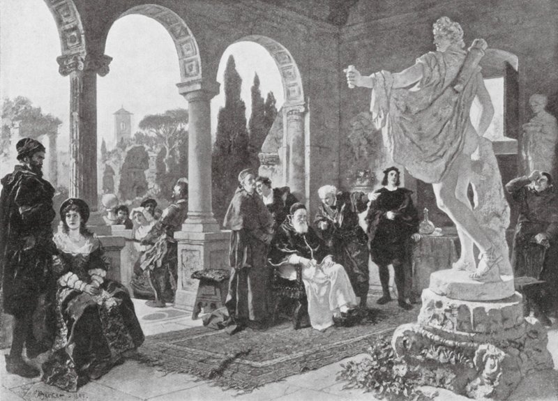 Papież Juliusz II i Apollo Belwederski (litografia) autorstwa European School