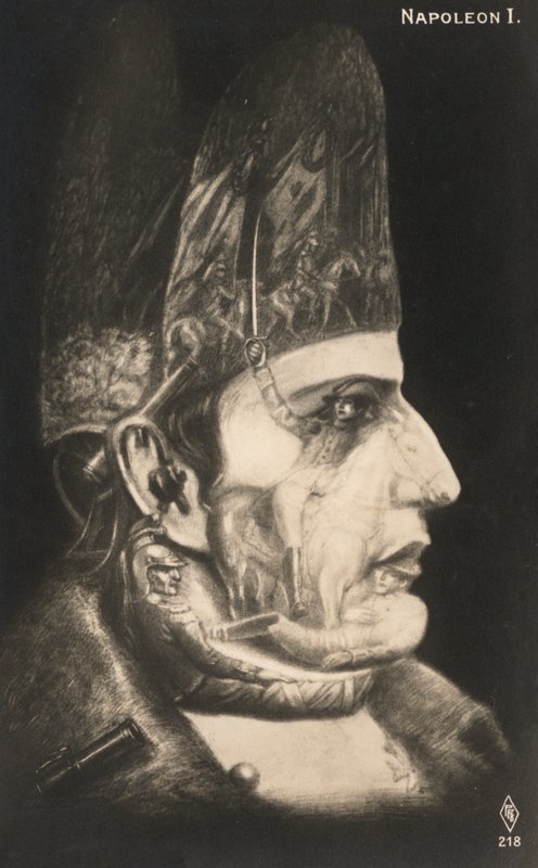 Portret Napoleona Bonaparte ze scenami z jego bitew narysowanymi na twarzy i kapeluszu (litografia) autorstwa European School