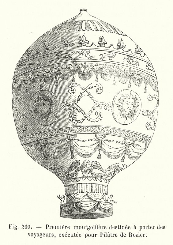 Pierwszy balon na ogrzane powietrze przeznaczony do przewozu podróżnych, wykonany dla Pilatre de Rozier (grafika) autorstwa European School