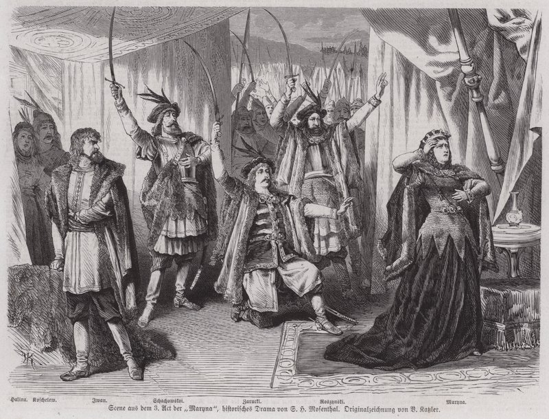 Scena z III aktu dramatu historycznego „Maryna” niemieckiego dramaturga Salomona Hermanna Mosenthala (rycina) autorstwa European School