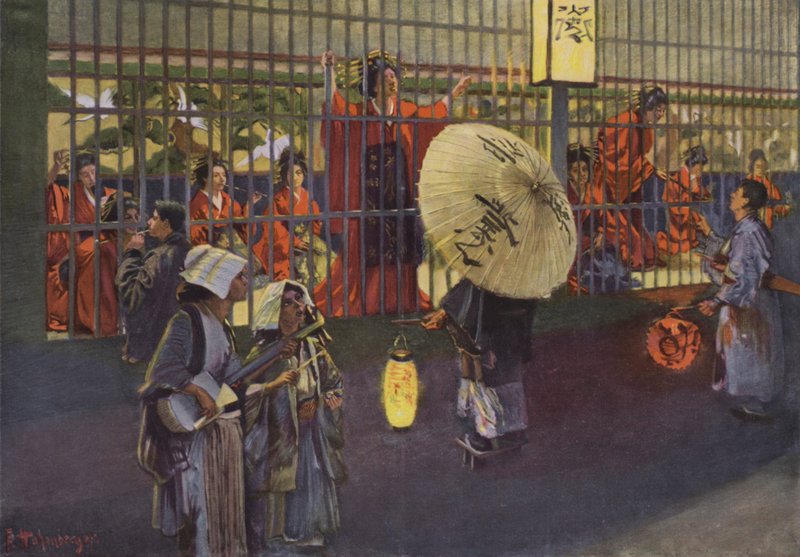 Scena w dzielnicy Yoshiwara w Tokio, Japonia (kolorowa litografia) autorstwa European School