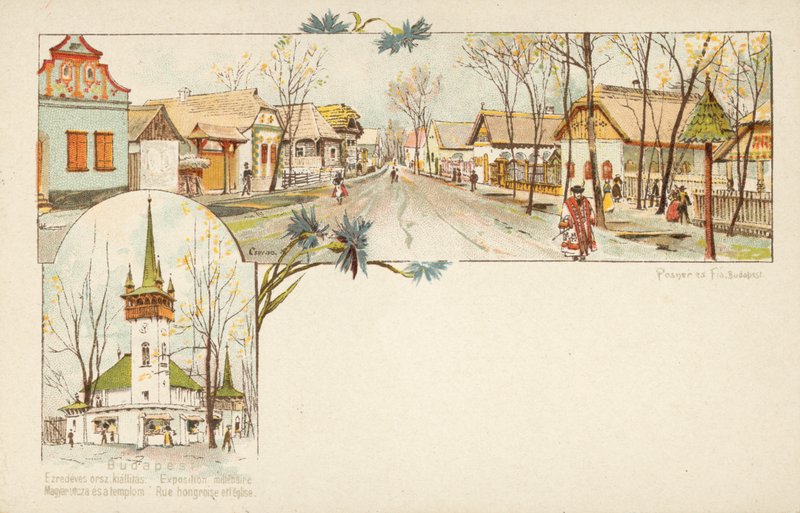 Sceny z Budapesztu, węgierskiej ulicy i kościoła (chromolitho) autorstwa European School