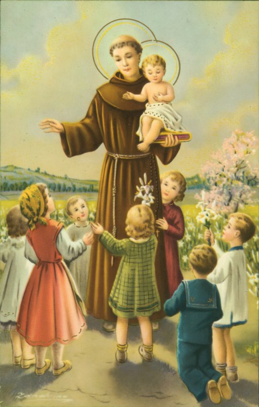 Święty Franciszek z Asyżu z Dzieciątkiem Jezus i dziećmi (kolorowa litografia) autorstwa European School