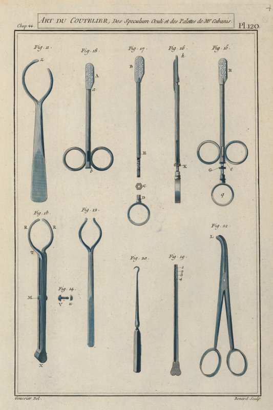 Instrumenty chirurgiczne używane przez francuskiego chirurga Pierre Jean Georges Cabanis (kolorowe grawerowanie) autorstwa European School