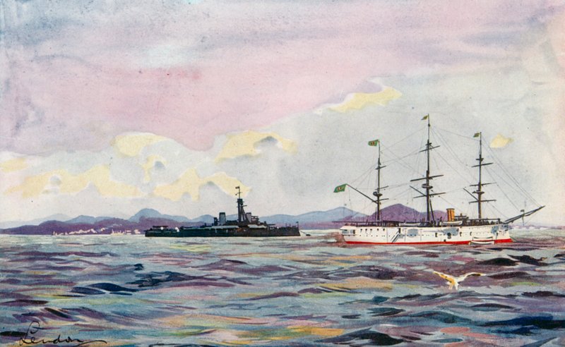 Krążownik szkoleniowy "Benjamin Constant" i Dreadnought "Minas Geraes" w porcie Rio (kolorowa litografia) autorstwa European School