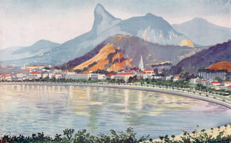Część Botafogo od strony zatoki Rio, z widokiem na górę Corcovado (kolorowa litografia) autorstwa European School