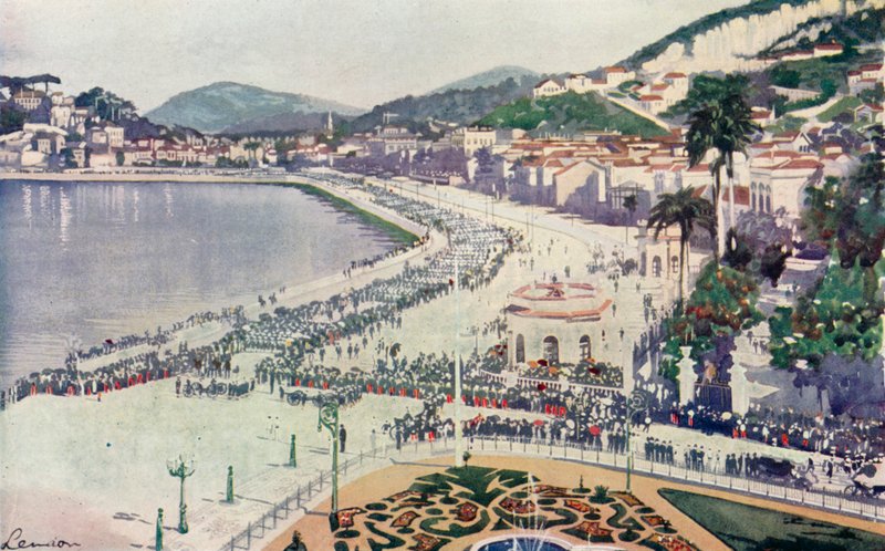 Praia da Lapa i Praca da Gloria, rzut oka na paradę wojskową 15 listopada, w rocznicę założenia Republiki Brazylii (kolorowa litografia) autorstwa European School