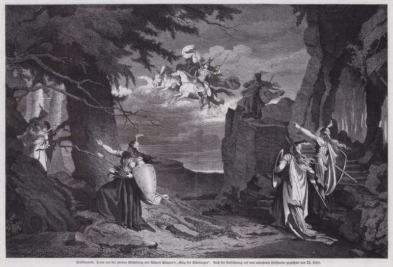 Jazda Walkirii, scena z Die Walkure, drugiej opery Der Ring des Nibelungen Richarda Wagnera, wystawiona w Teatrze Narodowym w Monachium (rycina) autorstwa European School