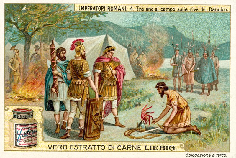 Cesarz rzymski Trajan obozował nad brzegiem Dunaju (chromolitho) autorstwa European School