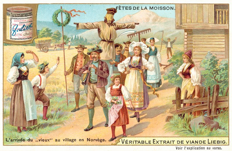 Przybycie „starego człowieka” do wioski w Norwegii (chromolitho) autorstwa European School