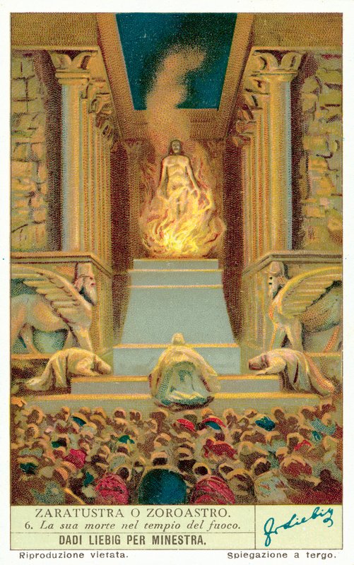 Śmierć Zoroastra w Świątyni Ognia (chromolitho) autorstwa European School