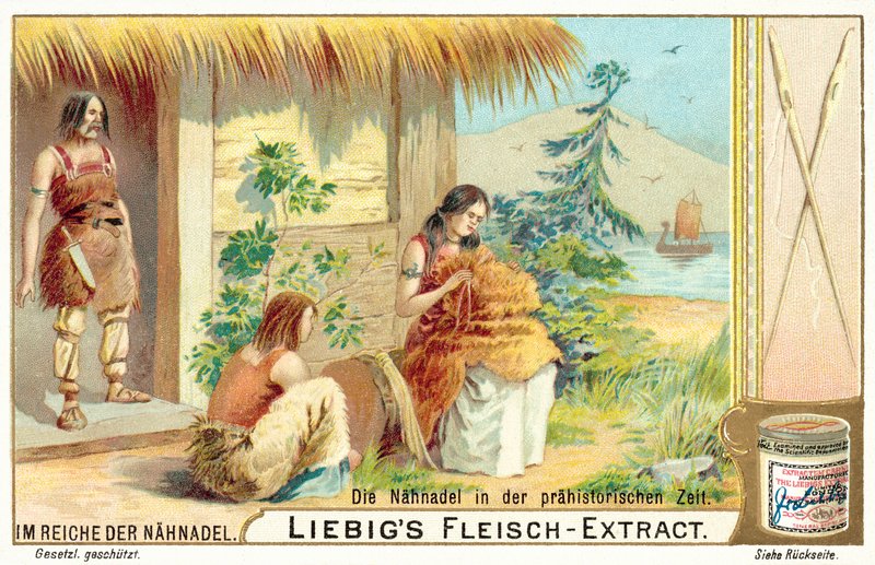 Igła do szycia w czasach prehistorycznych (chromolitho) autorstwa European School