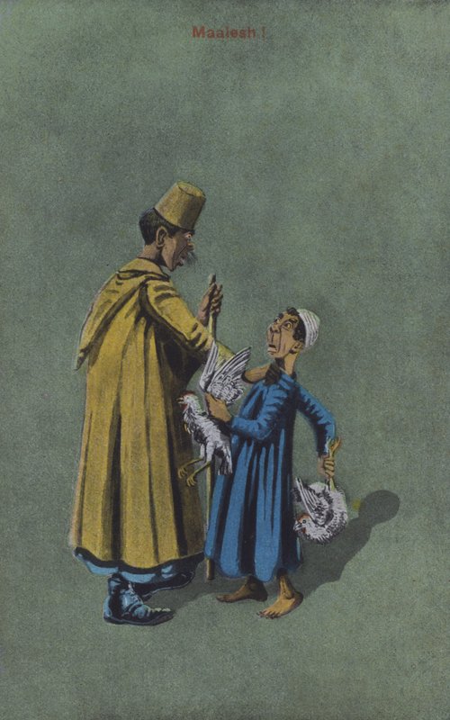 Dwóch mężczyzn kłóci się o kurczaki (kolorowa litografia) autorstwa European School