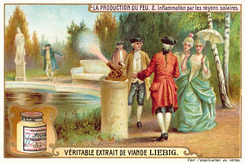 Używanie promieni słonecznych do rozpalania ognia (chromolitho) autorstwa European School