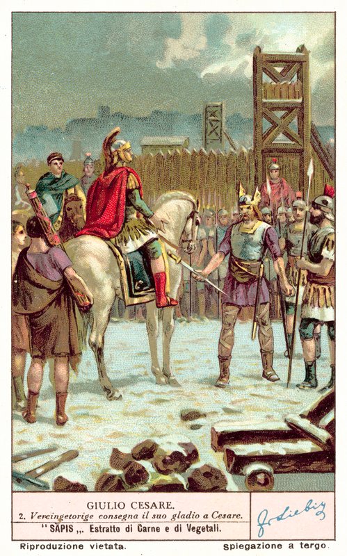 Wercyngetoryks poddający swój miecz Juliuszowi Cezarowi po oblężeniu Alezji, 52 pne (chromolitho) autorstwa European School
