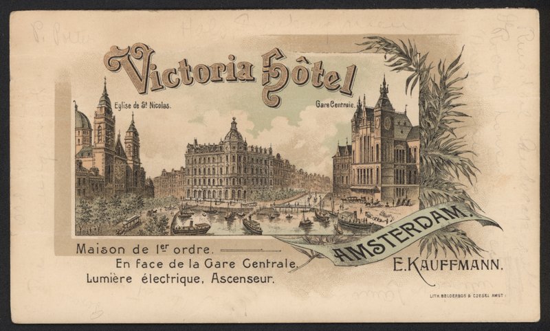 Victoria Hotel, Amsterdam (kolorowy grawerunek) autorstwa European School