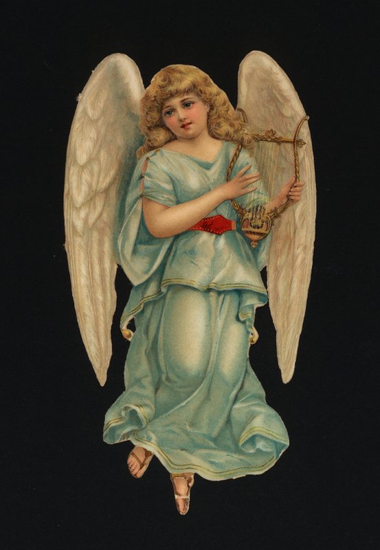 Fragmenty wiktoriańskie: Anioł grający na harfie (chromolitho) autorstwa European School