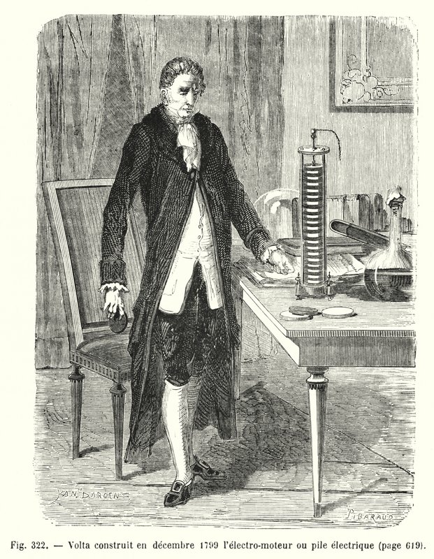 Volta buduje w grudniu 1799 r. elektromotor lub stos elektryczny (grawerowanie) autorstwa European School