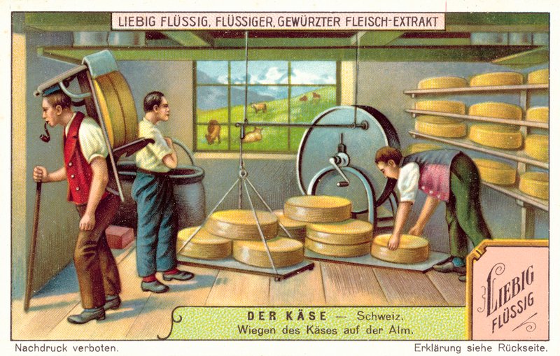 Ważenie serów szwajcarskich w alpejskiej mleczarni (chromolitho) autorstwa European School