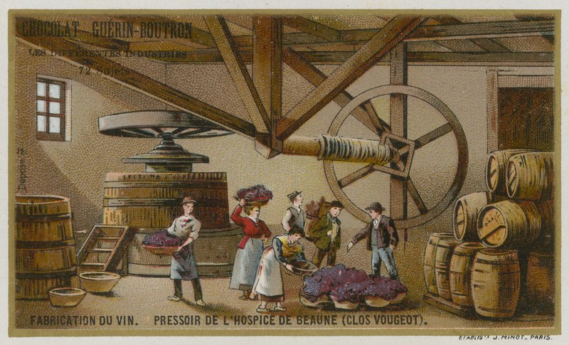 Produkcja wina: prasa do wina Hospices de Beaune, Clos de Vougeot, Burgundia, Francja autorstwa European School