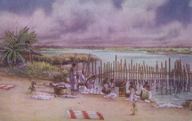 Kobiety piorące ubrania w rzece, Afryka Północna (kolorowa litografia) autorstwa European School