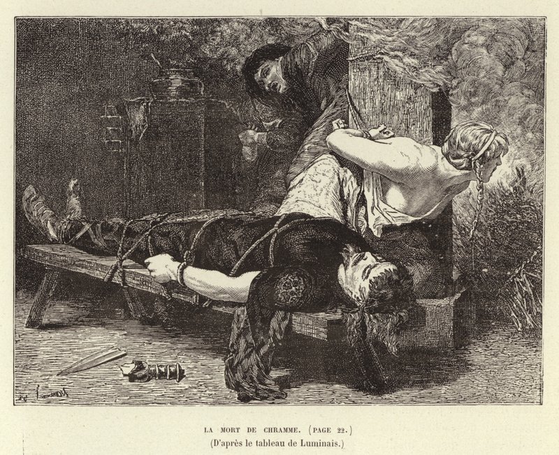 La Mort de Chramme. Śmierć Chrama, syna Chlothara I, króla Franków, 561 (rycina) autorstwa Evariste Vital Luminais