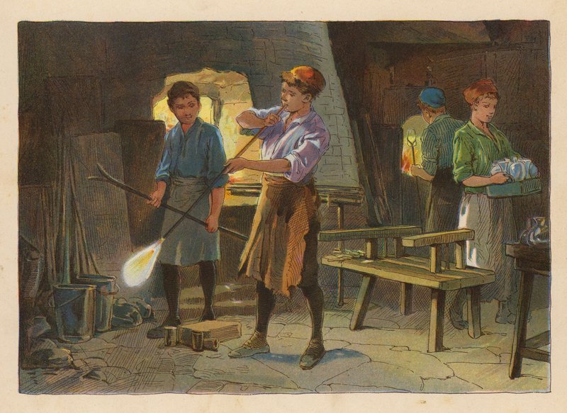 Mali pracownicy: Dmuchanie szkła (druk kolorowy) autorstwa Evelyn Stuart Hardy
