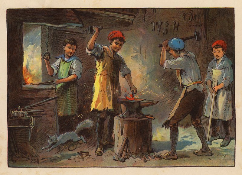 Little Workers: Kowal (kolorowa litografia) autorstwa Evelyn Stuart Hardy