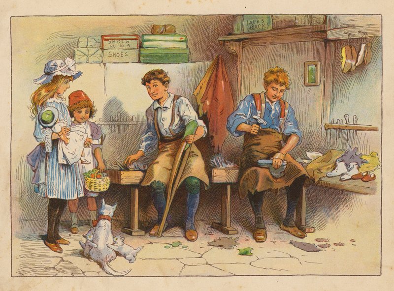 Mali pracownicy: Producent butów (kolorowa litografia) autorstwa Evelyn Stuart Hardy