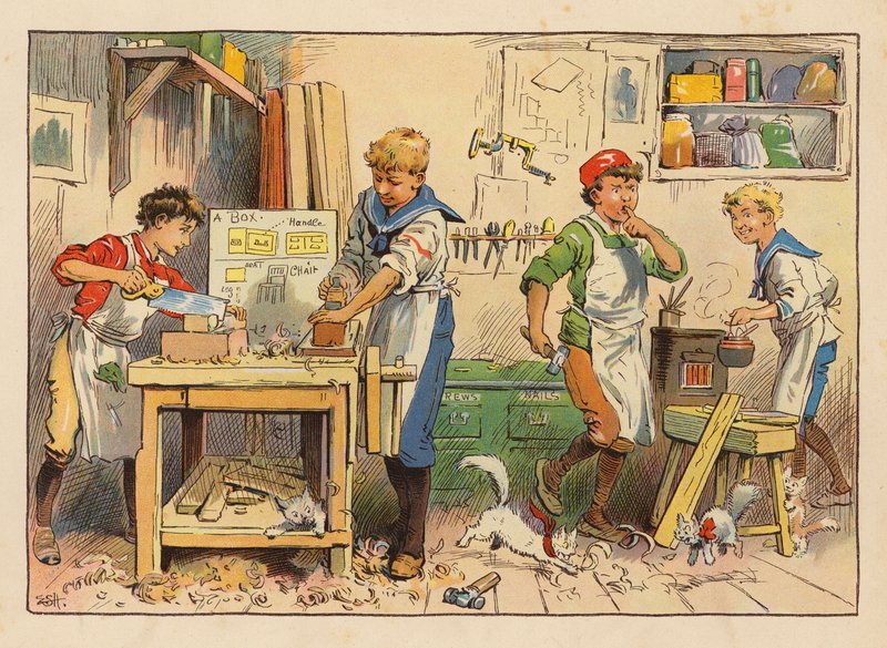 Little Workers: Stolarz (kolorowa litografia) autorstwa Evelyn Stuart Hardy