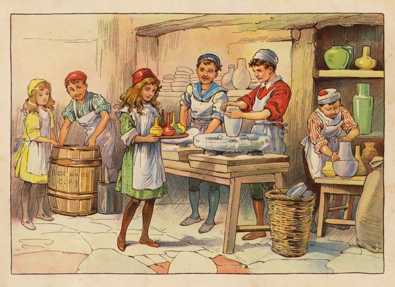Little Workers: Garncarze (kolorowa litografia) autorstwa Evelyn Stuart Hardy