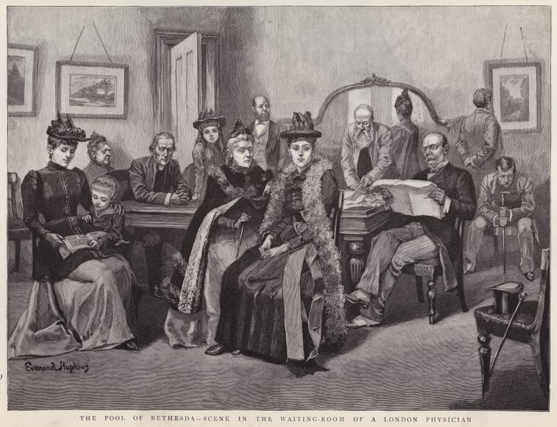 Basen Bethesdy - scena w poczekalni londyńskiego lekarza (lito) autorstwa Everard Hopkins