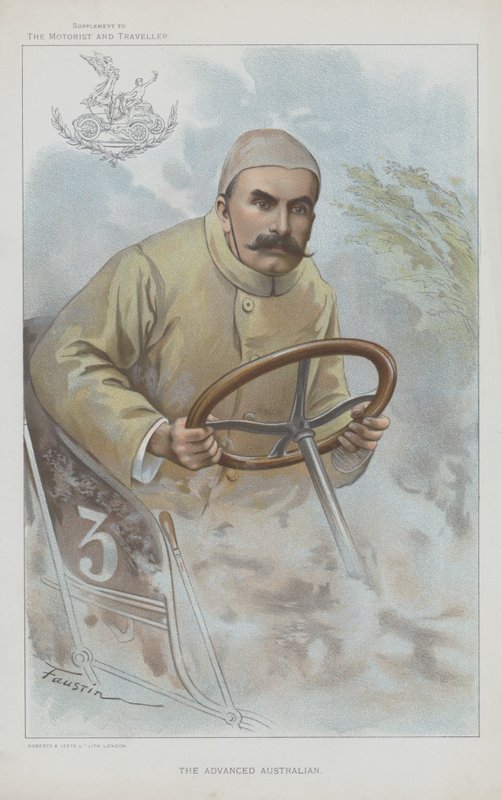 Selwyn Edge , urodzony w Australii brytyjski kierowca wyścigowy (chromolitho) autorstwa Faustin