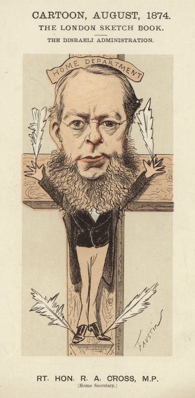 R A Cross , brytyjski konserwatywny polityk i minister spraw wewnętrznych w rządzie Benjamina Disraeli autorstwa Faustin (b.1847)