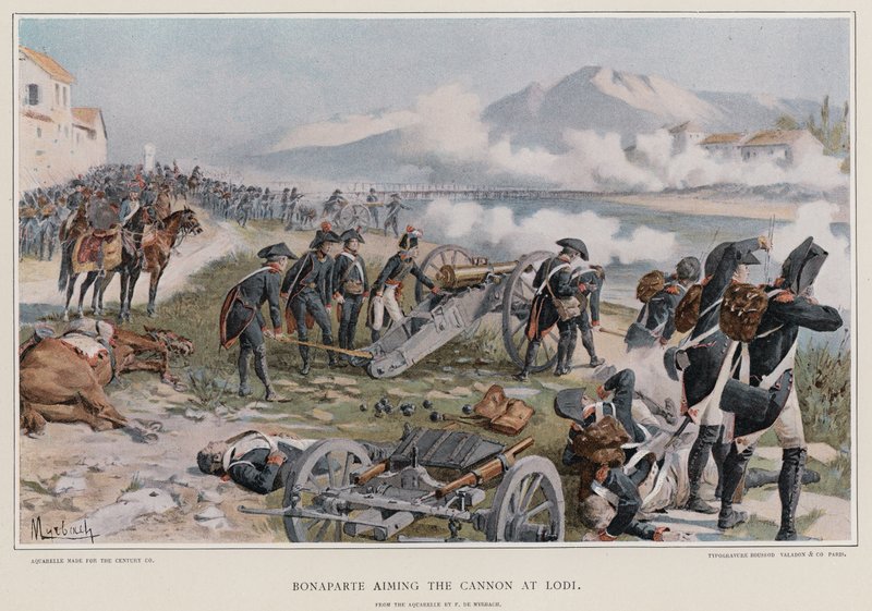 Bonaparte celuje z armaty pod Lodi autorstwa Felicien baron de Myrbach Rheinfeld