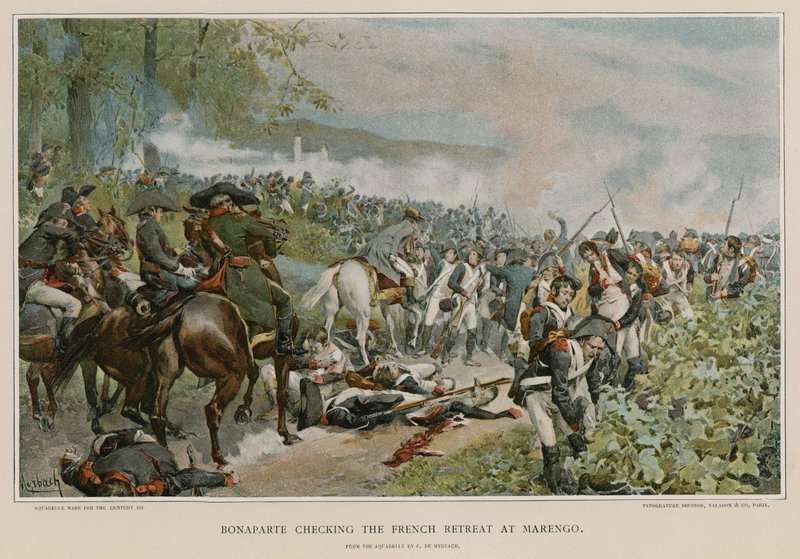 Bonaparte sprawdzający francuskie odosobnienie w Marengo autorstwa Felicien baron de Myrbach Rheinfeld