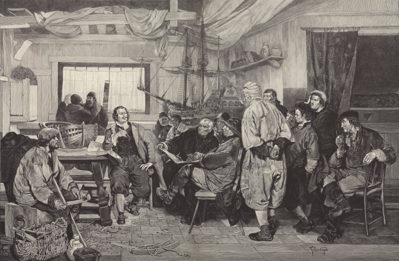 Piotr Wielki uczony sztuki budowy statków w Holandii w 1697 r. (grafika) autorstwa Felix Cogen