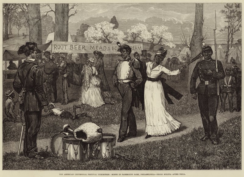 Wystawa American Centennial Festival, Scena w Fairmount Park, Filadelfia, Negro Militia po Drill autorstwa Felix Regamey