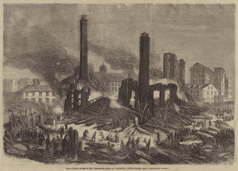 Płonące ruiny Pemberton Mills, w Lawrence, Stany Zjednoczone autorstwa Felix Thorigny