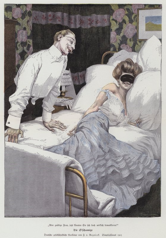 Mężczyzna rozmawiający z zamaskowaną kobietą w łóżku, 1905 autorstwa Ferdinand von Reznicek