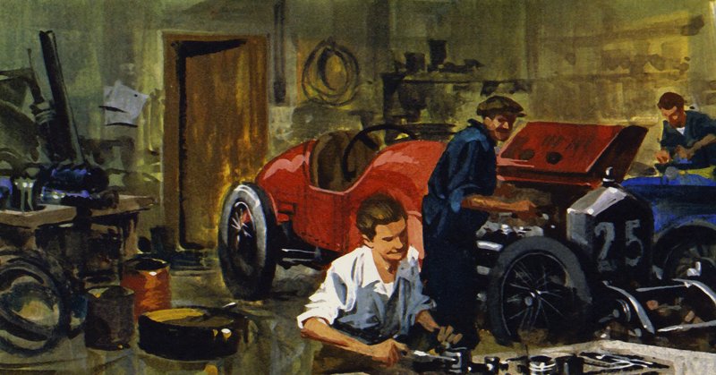 Juan-Manuel Fangio był uczniem kierowcy wyścigowego Viggiano (kolorowa litografia) autorstwa Ferdinando Tacconi
