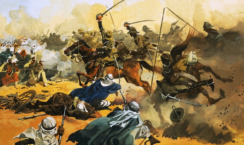 21 Pułk Ułanów prowadzi bitwę przeciwko arabskiej twierdzy w Omdurmanie w 1897 r. autorstwa Ferdinando Tacconi