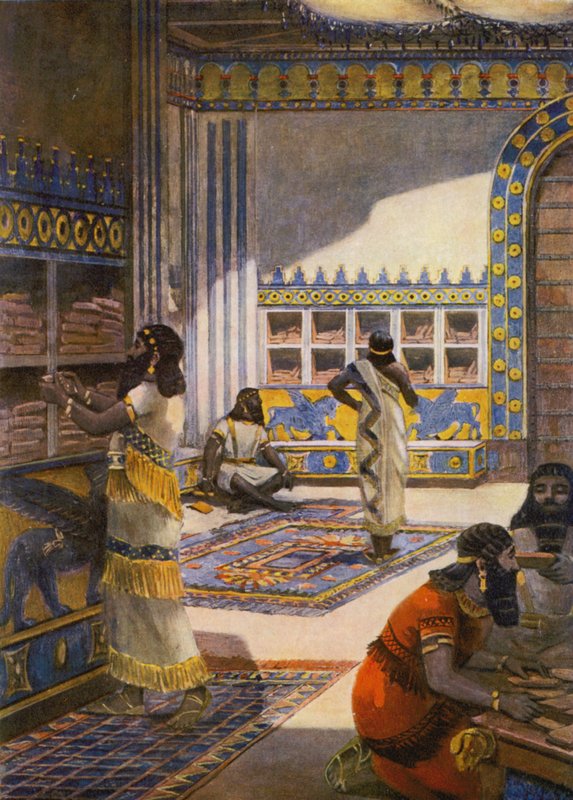 Słynna biblioteka króla Aszura-bani-pala w Niniwie (kolorowa litografia) autorstwa Fernand Le Quesne