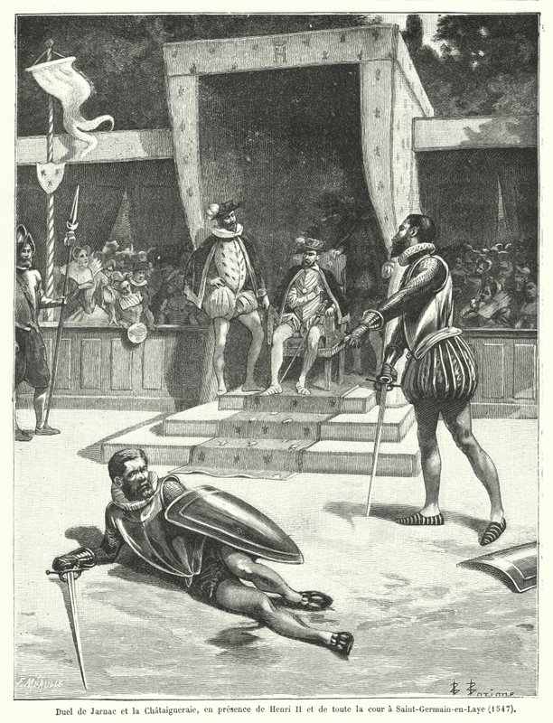 Pojedynek między Guy Cabot de Jarnac i Francois de Vivonne, Seigneur de la Chataigneraie przed królem Francji Henrykiem II i całym jego dworem w St Germain-en-Laye autorstwa Fortune Louis Meaulle