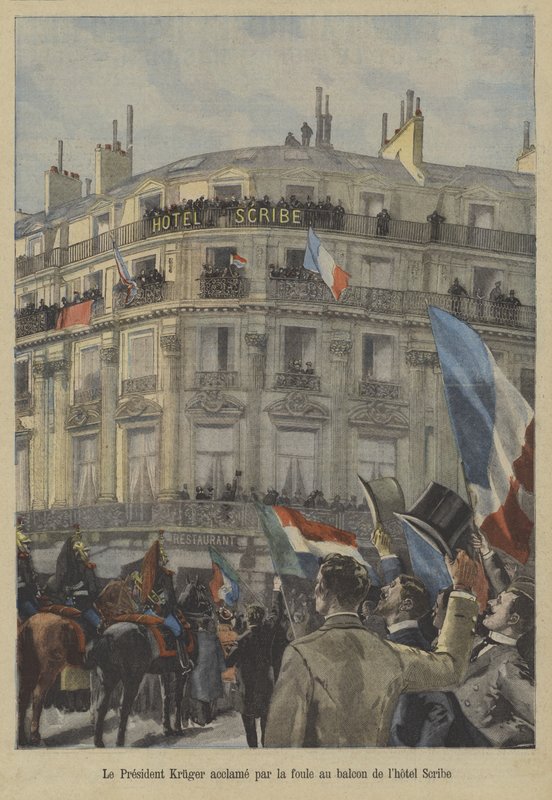 Paul Kruger, były prezydent Transwalu, na balkonie hotelu Scribe w Paryżu, odbierający uznanie tłumu autorstwa Fortune Louis Meaulle