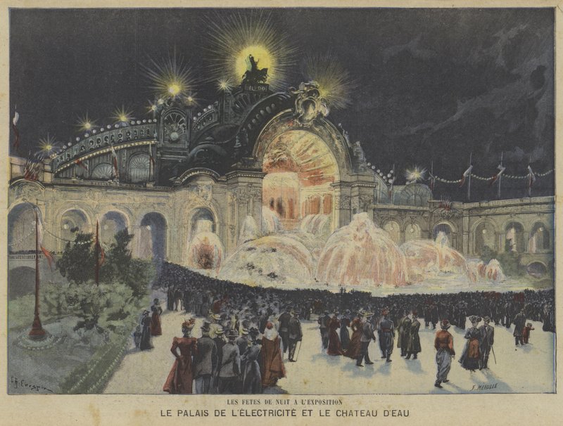 Pałac Elektryczności i Zamek Wody nocą, Exposition Universelle 1900, Paryż autorstwa Fortune Louis Meaulle