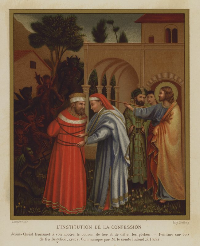 Instytucja spowiedzi (litografia kolorowa) autorstwa Fra (after) Angelico
