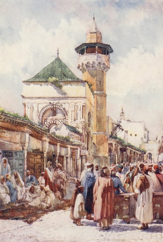 Meczet Sidi Ben Ziad, Tunis, dzień aukcji (kolorowa litografia) autorstwa Frances Nesbitt
