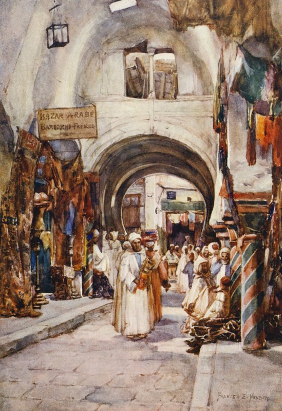 Souk des Etoffes, Tunis (kolorowa litografia) autorstwa Frances Nesbitt